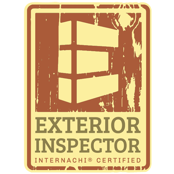 Old-fashioned cedar exterior home inspection logo with a stylized wooden structure and the text “EXTERIOR INSPECTOR INTERNACHI CERTIFIED”.
